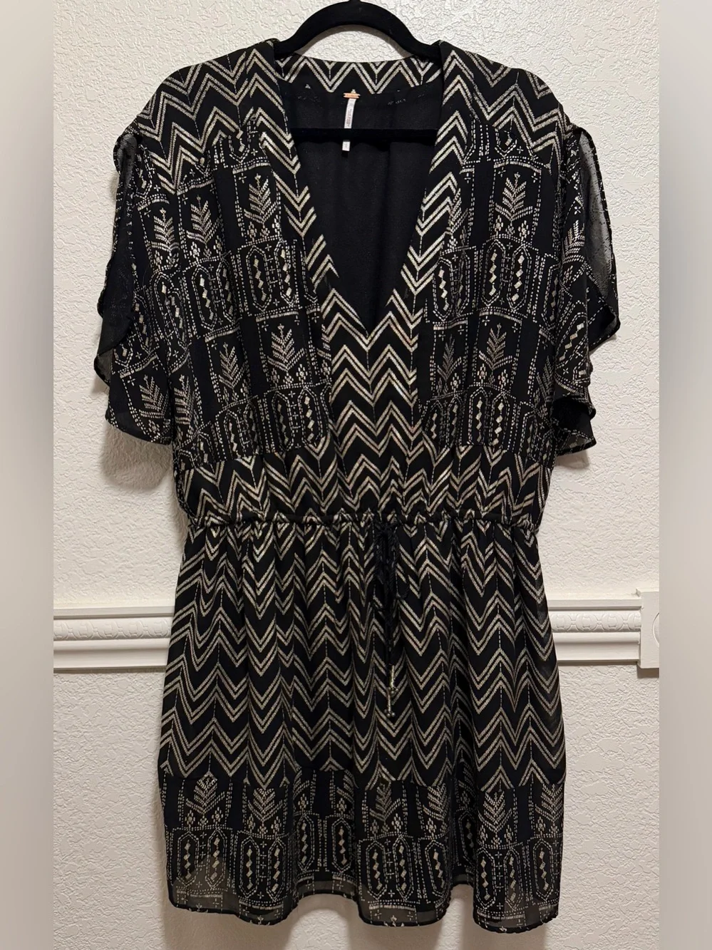 Free People Love My Chaos Mini Dress | Black Boho Chevron Print Flutter Sleeve